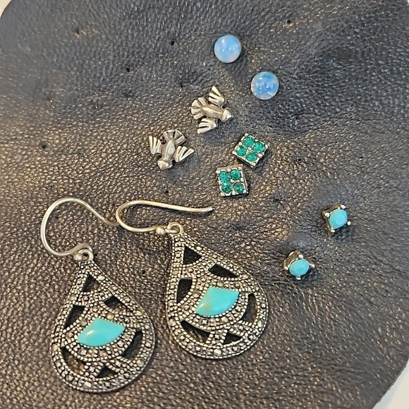 Jewelry - 5 Pair of Silvertone, Teal & Green Pierced Earrings